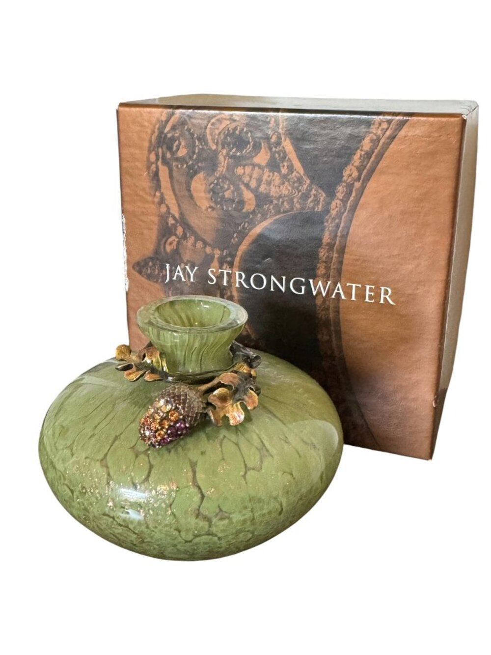 Vintage Jay Strongwater Swarovski Enamel Hand Blown Green/Gold Glass Acorn Vase